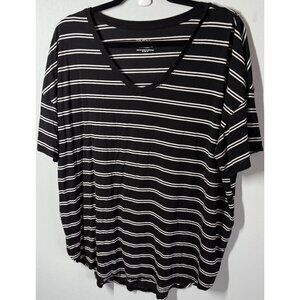 Time & Tru Womens Black/White Striped V-Neck T-Shirt XXL Relaxed Fit Stretch